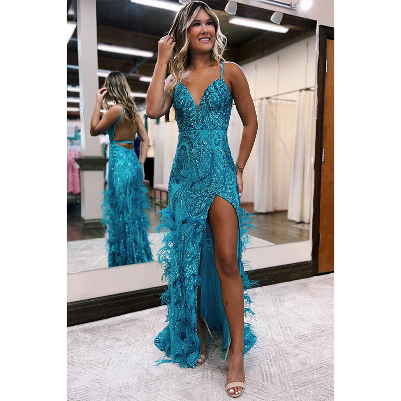 Plunging V-neck Sequins Appliques Feathers Sparkly Prom Dress with Slit