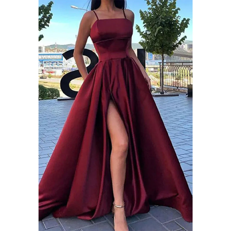 Spaghetti Straps Bateau High Split Long Prom Dress with Pockets