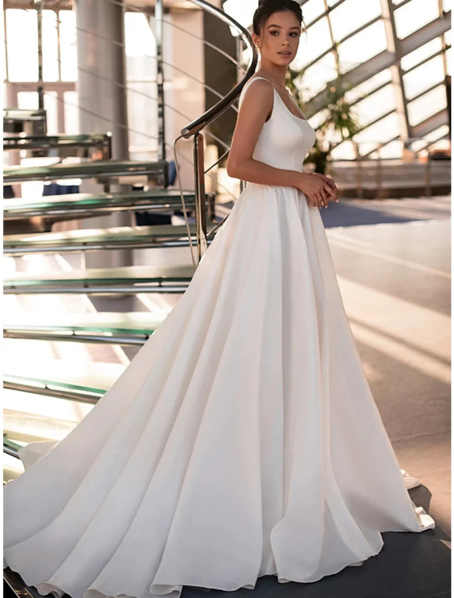 NumberSea - Casual Wedding Dresses Court Train Princess Sleeveless Square Italy Satin With Beading Solid Color