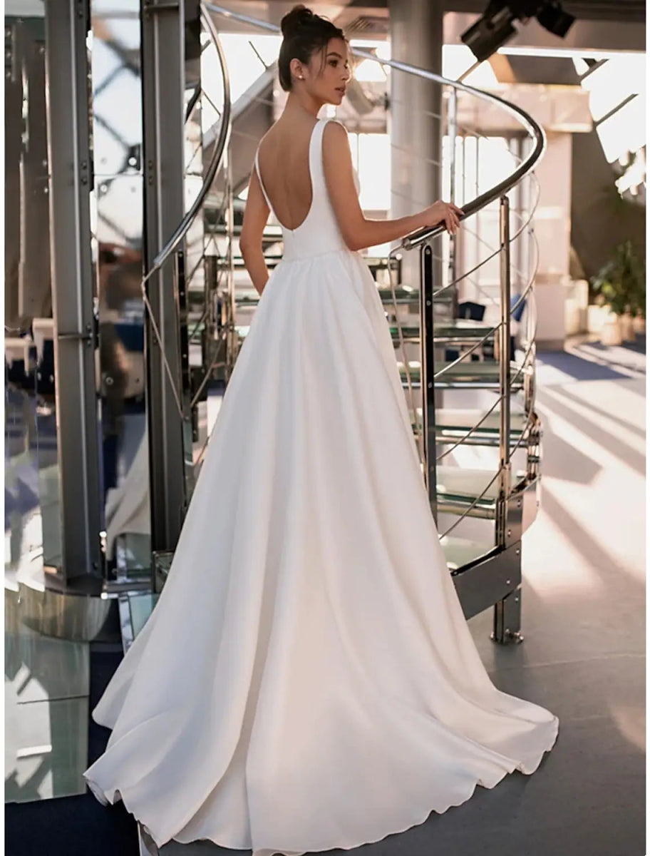 NumberSea - Casual Wedding Dresses Court Train Princess Sleeveless Square Italy Satin With Beading Solid Color