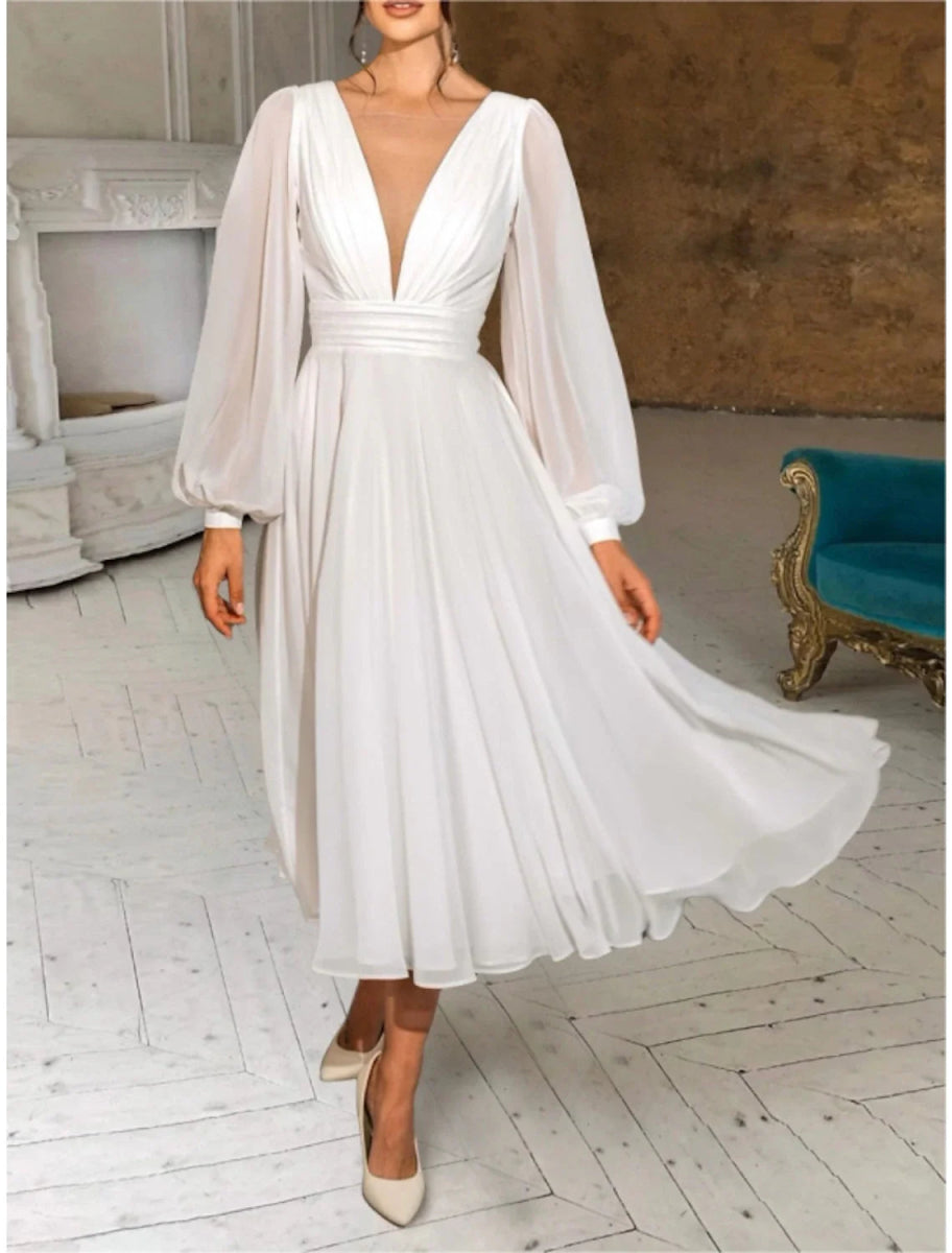 NumberSea - Casual Wedding Dresses Sheath / Column V Neck Long Sleeve Ankle Length Chiffon Bridal Gowns With Pleats Ruched