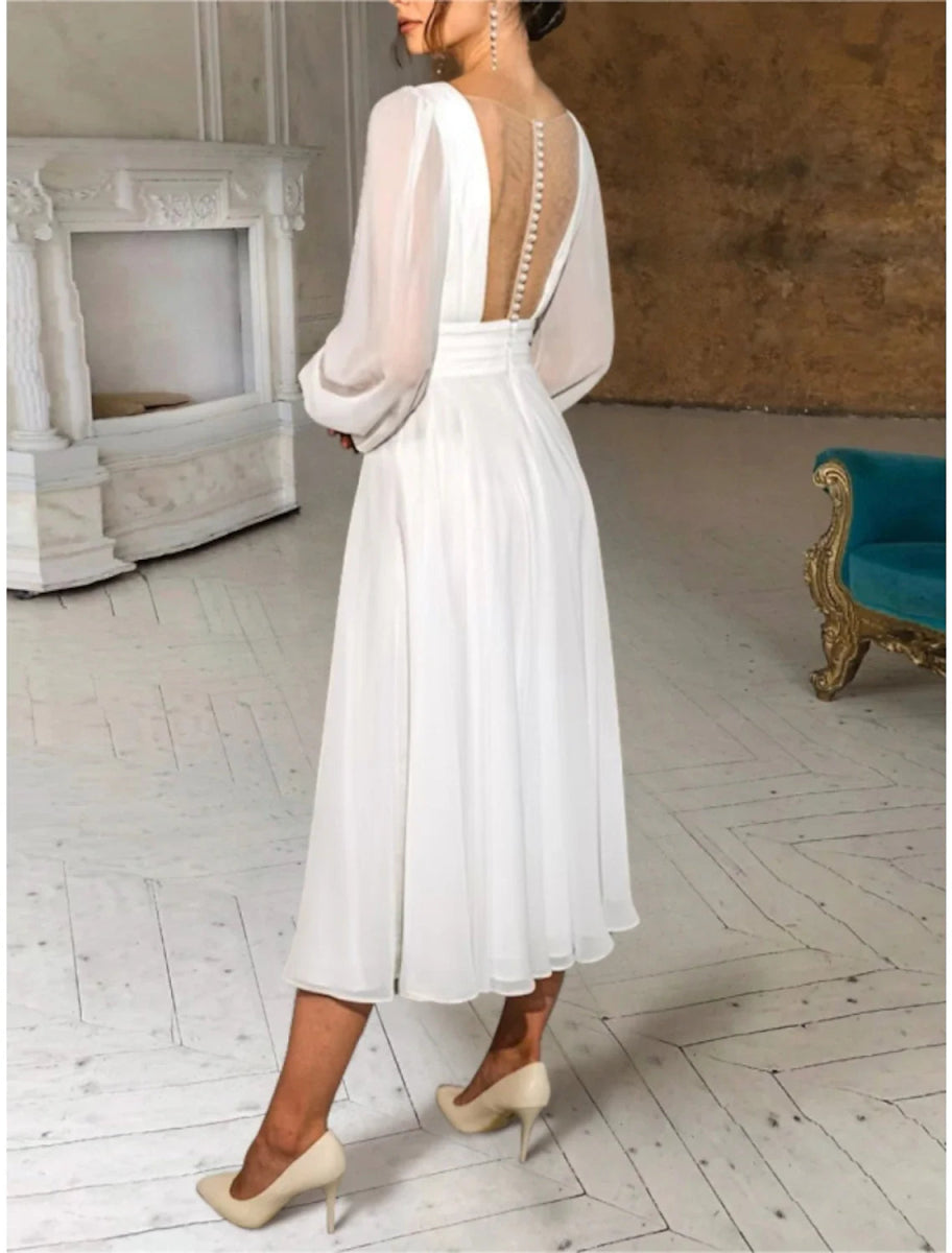 NumberSea - Casual Wedding Dresses Sheath / Column V Neck Long Sleeve Ankle Length Chiffon Bridal Gowns With Pleats Ruched