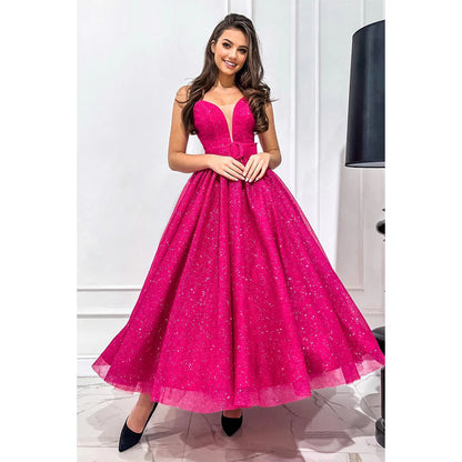 Tiefer V-Ausschnitt Fuchsia Vintage Ballkleid Glitzer 