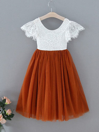 Lace Ankle-length Burnt Orange Boho Flower Girl Dress