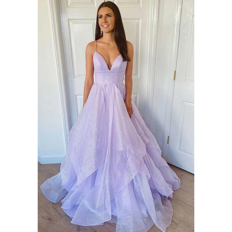 V-Neck Spaghetti Straps Sparkly Tulle A-Line Long Prom Dress