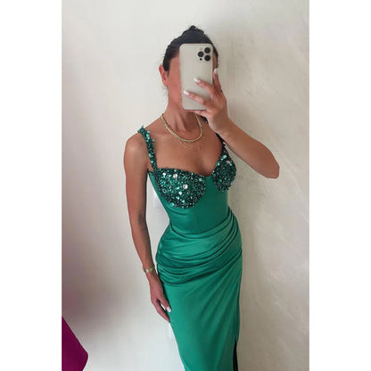 V-Neck Sequined Beaded Ruched Satin Long Sheath Prom Evening Dress