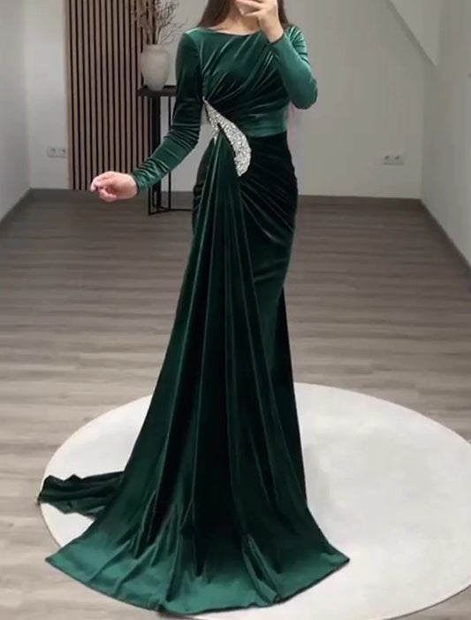 Sheath Evening Gown Vintage Black Dress Plus Size Formal Velvet Christmas Red Green Dress Floor Length Long Sleeve Off Shoulder Fall Wedding Reception with Rhinestone Slit