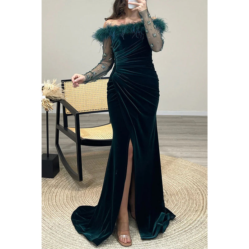 Feather Off-shoulder Beaded Velvet Sheath Long Prom Dress Evening Gown