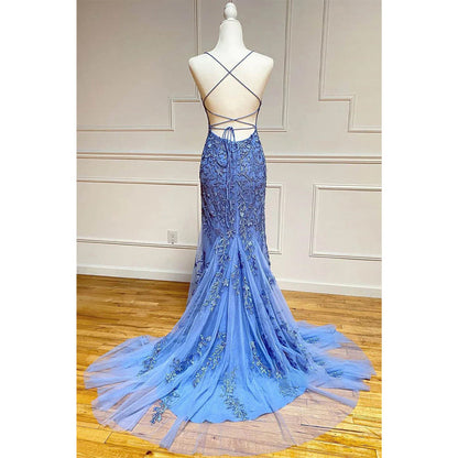 Sheath/column Scoop Tulle Appliques Long Prom Dress