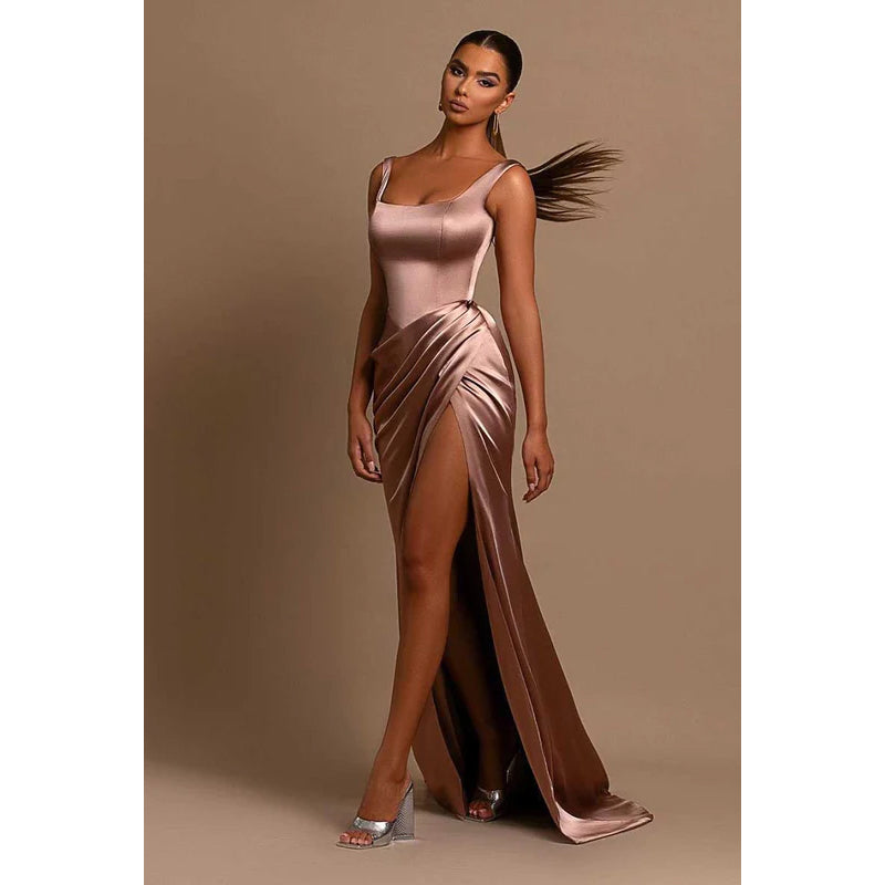 Square Neck Thigh Slit Ruched Sheath Long Prom Evening Dress