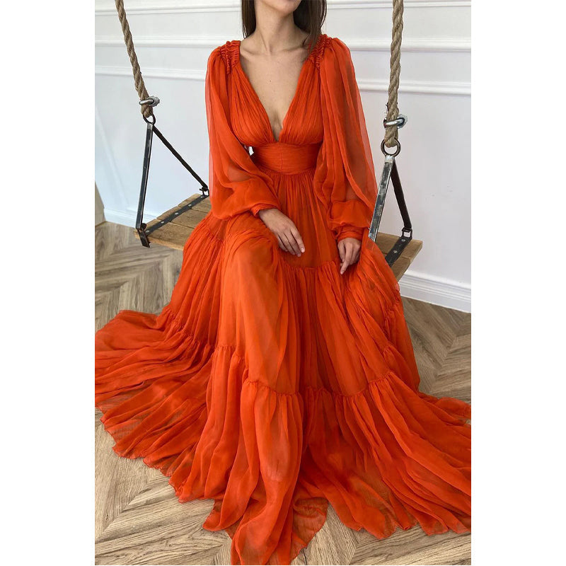 Sexy A-Linien-Abendkleid aus orangefarbenem Tüll mit tiefem V-Ausschnitt und langen Ärmeln 