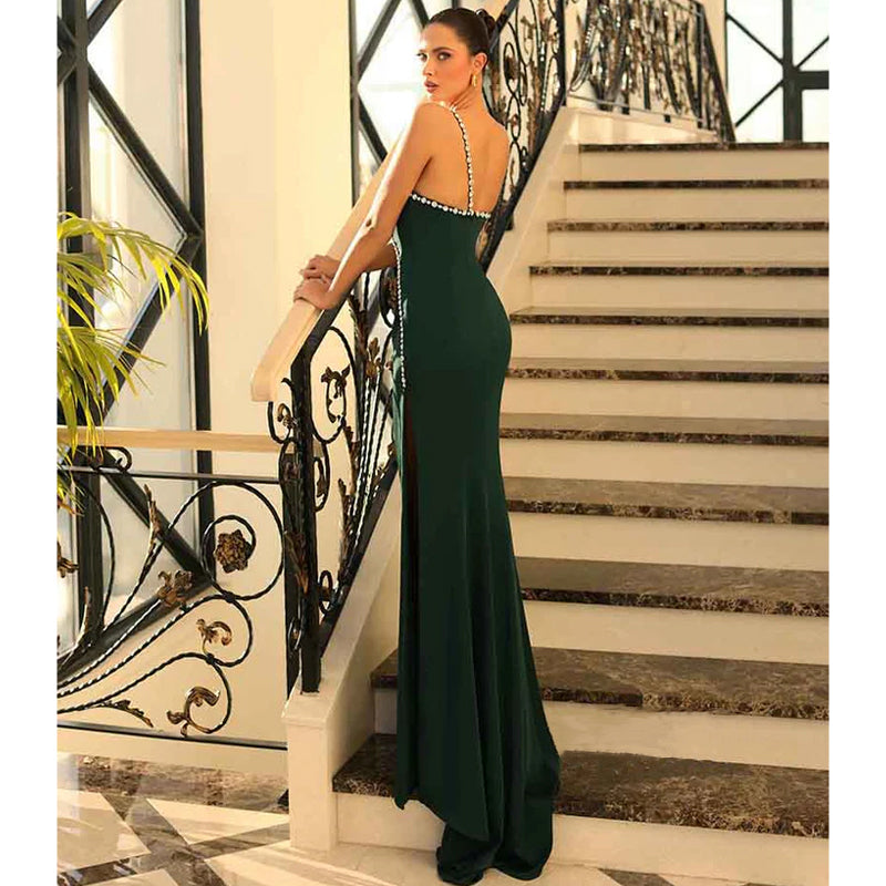 Unique One Shoulder Beads Long Prom Party Dress with Slit