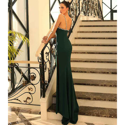 Unique One Shoulder Beads Long Prom Party Dress with Slit