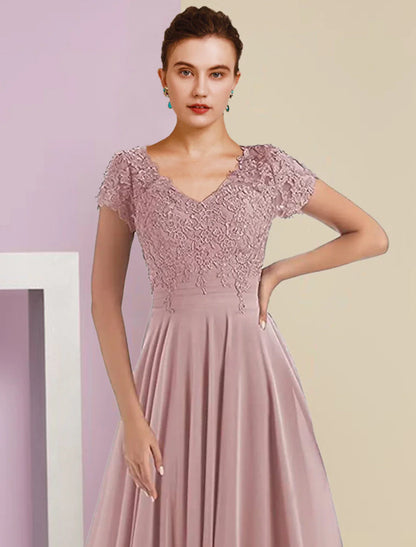 Zweiteiliges A-Linien-Kleid für die Mutter der Braut, formeller Hochzeitsgast, eleganter V-Ausschnitt, Schleppe aus Chiffon und Spitze, 3/4-Ärmel, Wickelärmel mit Faltenapplikationen