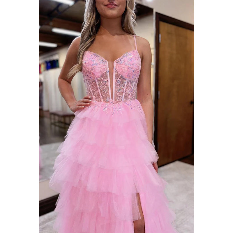 Tulle A-line Sweetheart Spaghetti Straps Appliques with Side Slitparty Prom Evening Dress