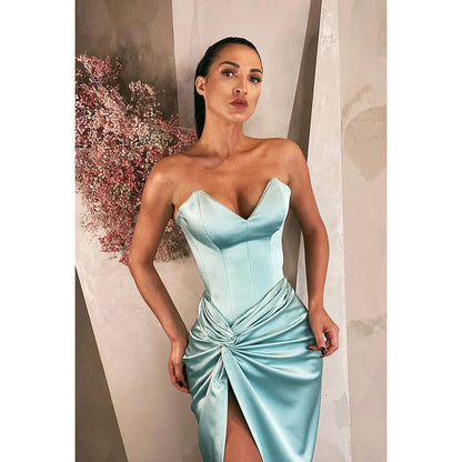 V-Neck Strapless Ruched Sheath Long Prom Evening Gown With Slit