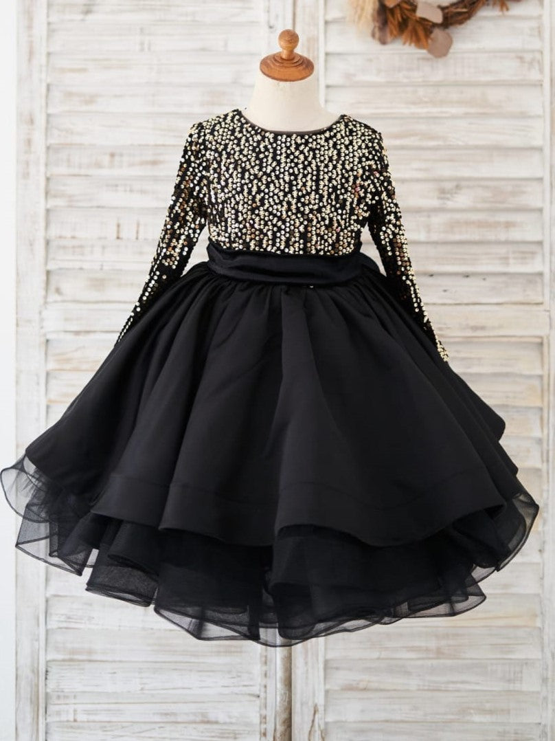 Sequins Knee-length Black Girl Party Dress