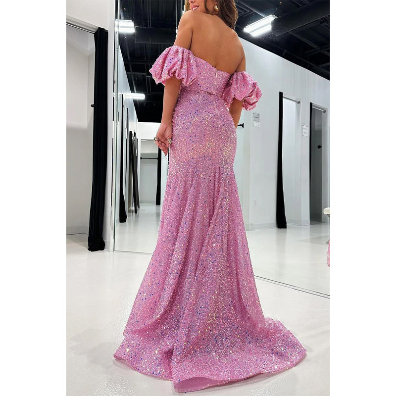 Glitter Off-shoulder Puff Sleeves Beaded with Side Slit Party Prom Evening Dress