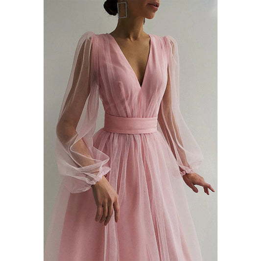 Sexy V-neck Long Sleeves Long Dress Brithday Dress