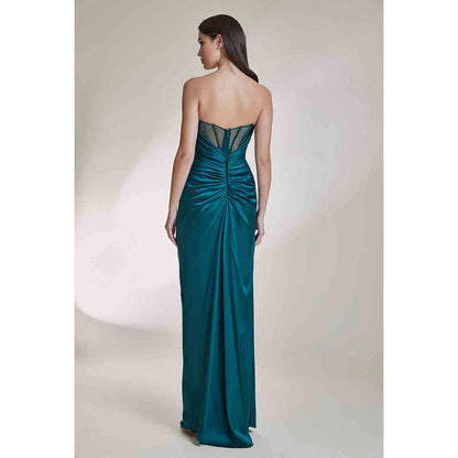 V-Neck Strapless Sleeveless Beaded Ruched Satin Sheath Long Evening Dress