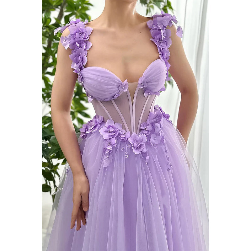 Tüll A-Linie Herzausschnitt Spaghettiträger Blumen Applikationen Party Ball Abendkleid 