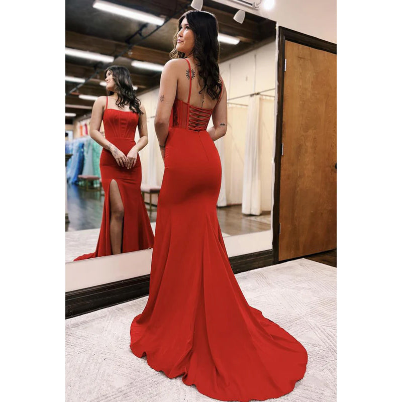 Square Neck Sleeveless Satin Sheath Long Prom Evening Dress With Thigh Slit