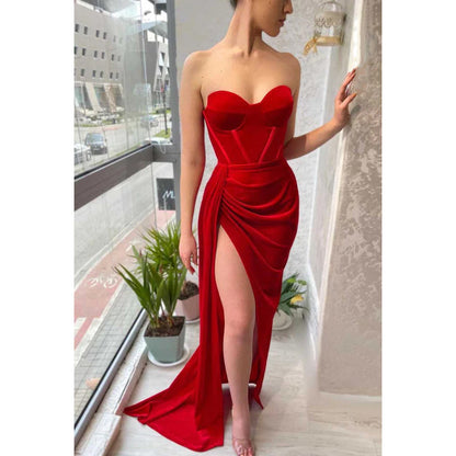 Sweetheart Strapless Ruched Velvet Sheath Long Prom Evening Dress