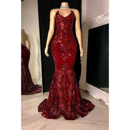 Sexy & HotMermaid Halter V-Neck Sleeveless Slit Sequins Evening Prom Dress