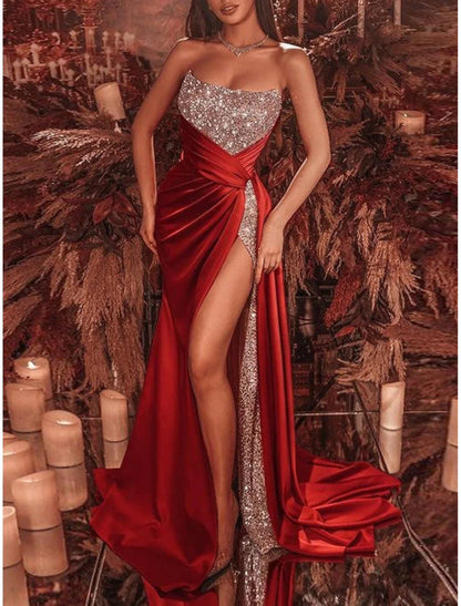 NumberSea - Celebrity Style Formal Court Train Sleeveless Strapless Sequined with Ruched Sequin Slit Evening Dress