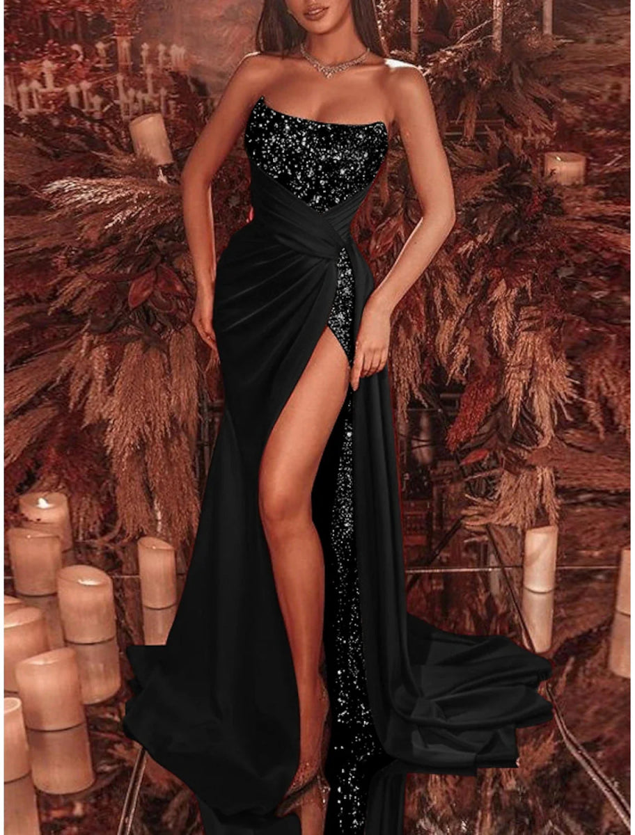 NumberSea - Celebrity Style Formal Court Train Sleeveless Strapless Sequined with Ruched Sequin Slit Evening Dress