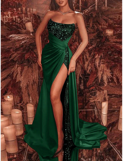 NumberSea - Celebrity Style Formal Court Train Sleeveless Strapless Sequined with Ruched Sequin Slit Evening Dress