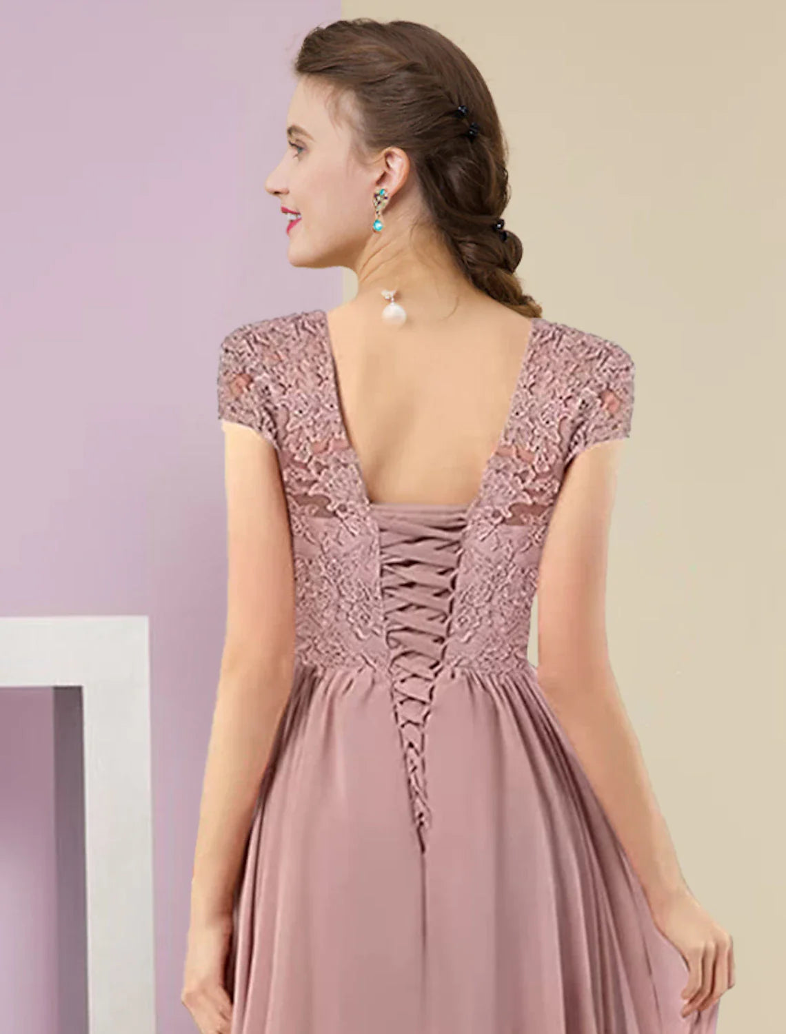 Zweiteiliges A-Linien-Kleid für die Mutter der Braut, formeller Hochzeitsgast, eleganter V-Ausschnitt, Schleppe aus Chiffon und Spitze, 3/4-Ärmel, Wickelärmel mit Faltenapplikationen