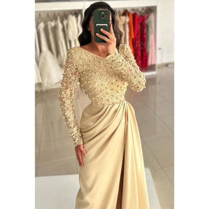 NumberSea - Champagne Beaded Asymmetrical Neck Prom Dress with Split Evening Gowns