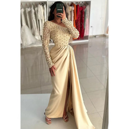 NumberSea - Champagne Beaded Asymmetrical Neck Prom Dress with Split Evening Gowns