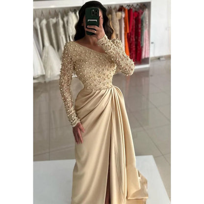 NumberSea - Champagne Beaded Asymmetrical Neck Prom Dress with Split Evening Gowns