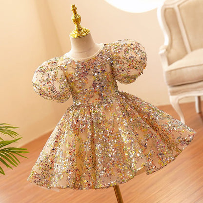 NumberSea - Champagne Gold Sequins Tulle Toddler Baby Birthday Party Dress