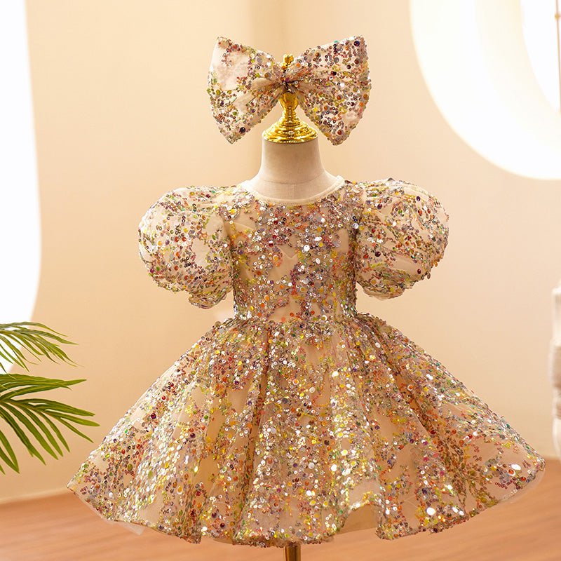 NumberSea - Champagne Gold Sequins Tulle Toddler Baby Birthday Party Dress