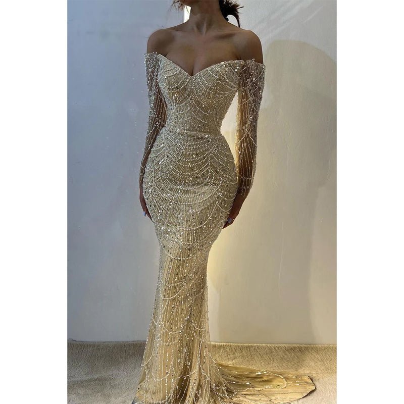 NumberSea - Champagne Off - shoulder Beaded Sexy Long Sleeves Prom Dress Evening Dress