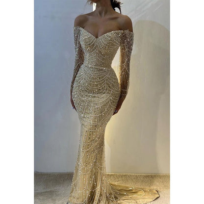 NumberSea - Champagne Off - shoulder Beaded Sexy Long Sleeves Prom Dress Evening Dress