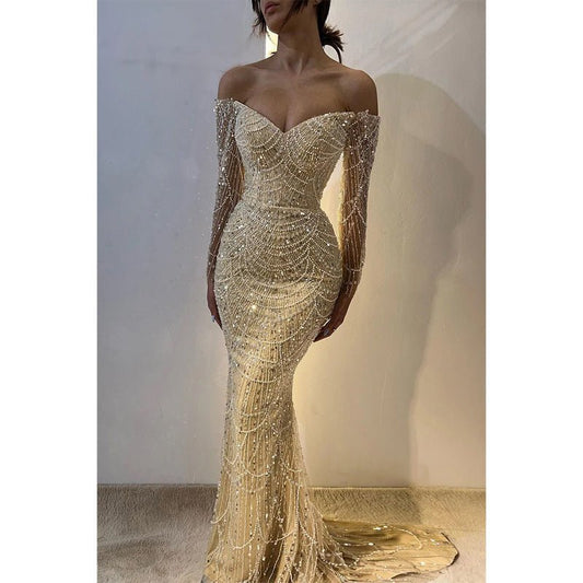 NumberSea - Champagne Off - shoulder Beaded Sexy Long Sleeves Prom Dress Evening Dress