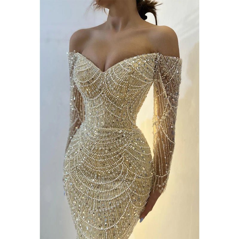 NumberSea - Champagne Off - shoulder Beaded Sexy Long Sleeves Prom Dress Evening Dress