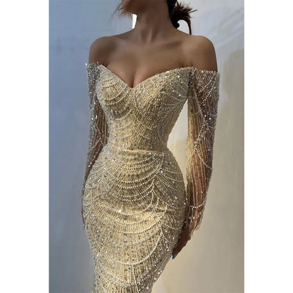 NumberSea - Champagne Off - shoulder Beaded Sexy Long Sleeves Prom Dress Evening Dress