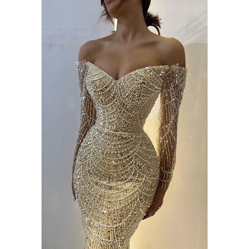 NumberSea - Champagne Off - shoulder Beaded Sexy Long Sleeves Prom Dress Evening Dress