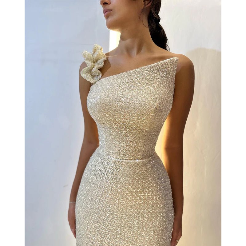 NumberSea - Champagne Sheath Plunging One Shoulder Straps Long Prom Evening Dress