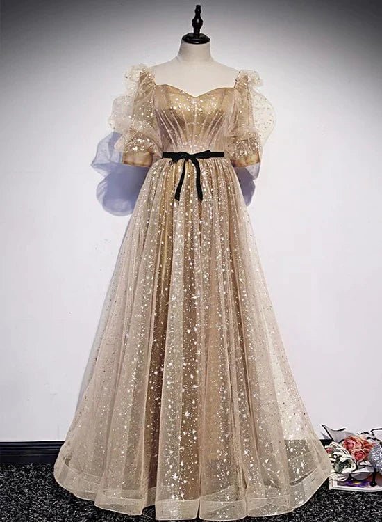 NumberSea - Champagne Tulle Long Party Dress, Short Sleeves A - line Formal Dress Evening Dress