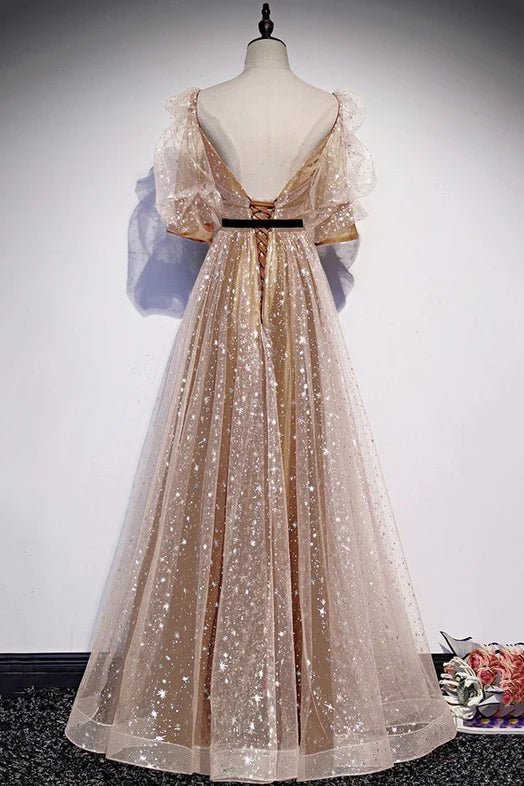 NumberSea - Champagne Tulle Long Party Dress, Short Sleeves A - line Formal Dress Evening Dress