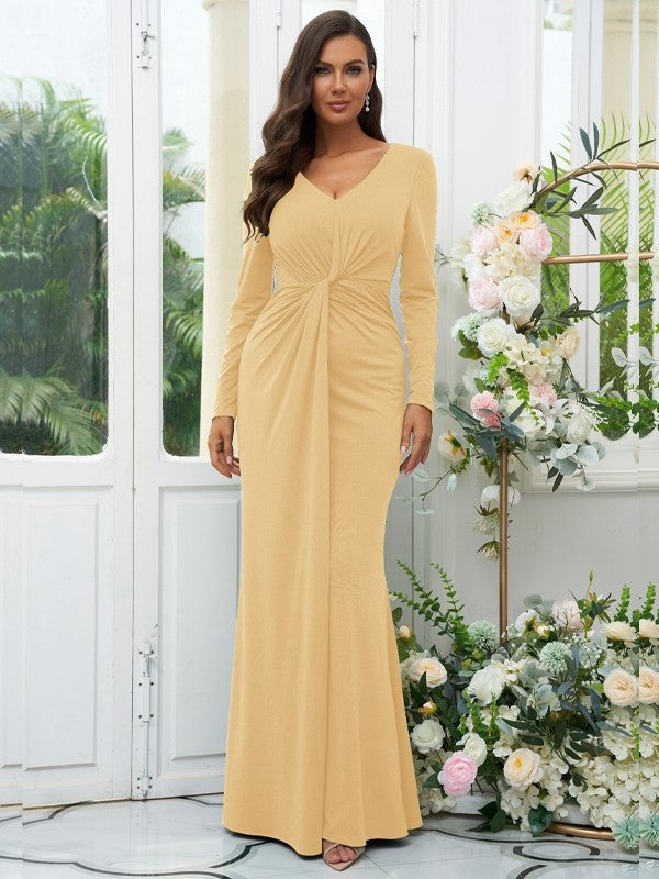 Sheath/Column Jersey Ruched V-neck Long Sleeves Floor-Length Bridesmaid Dresses