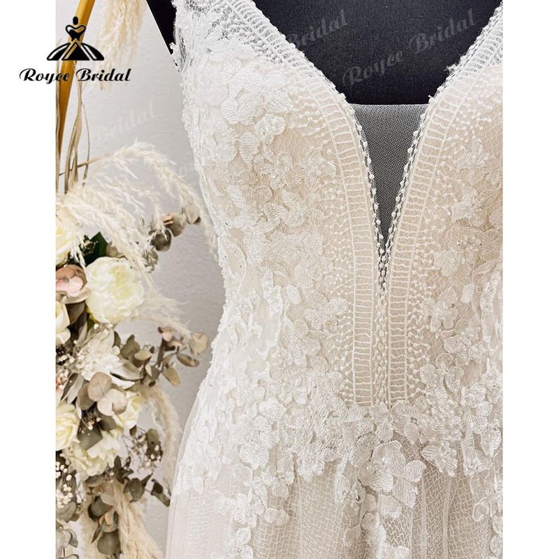 NumberSea - Charming A Line Sleeveless Wedding Dress Tank Lace Appliques V Neck Open Back Sweep Train Tulle Beach Women Civil Bridal Gowns