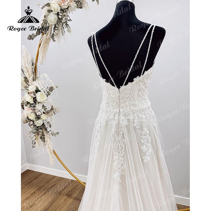 NumberSea - Charming A Line Sleeveless Wedding Dress Tank Lace Appliques V Neck Open Back Sweep Train Tulle Beach Women Civil Bridal Gowns