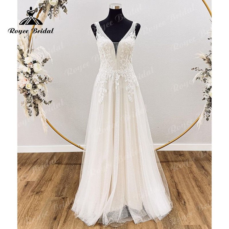 NumberSea - Charming A Line Sleeveless Wedding Dress Tank Lace Appliques V Neck Open Back Sweep Train Tulle Beach Women Civil Bridal Gowns